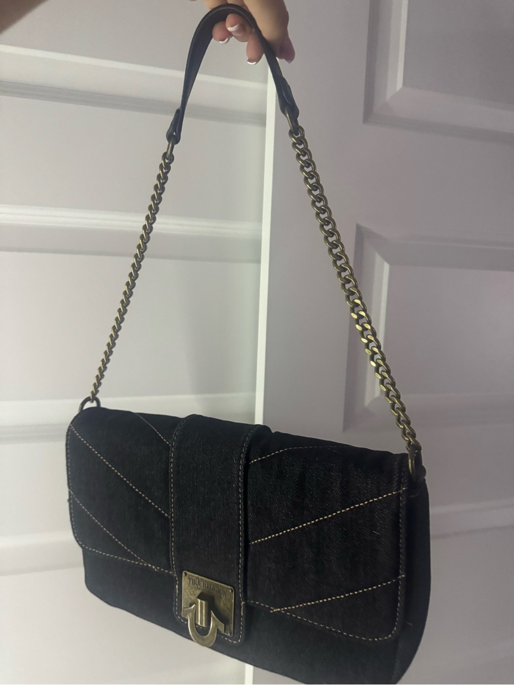 True Religion dark denim Quilted Shoulder Bag with brass Chain